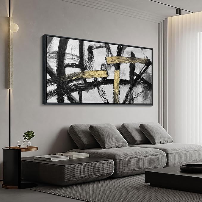 CHATYOUNG Wall Art Modern Abstract Paintings - Large Golden Thread Canvas Prints Black White and Gold Interweaving Wall Pictures Prefer for Bedroom Living Room Office Decor,Framed, 29 x 58 In