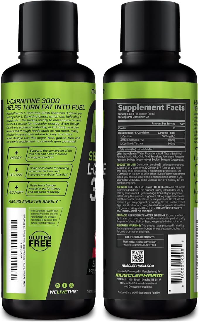 Muscle Pharm L-Carnitine 3000, The Ultimate Liquid L Carnitine Supplement for High-Performance, Supports Metabolism, Hydration & Energy, Zero Sugar/Calories, Sour Cherry Flavor, 32 Servings
