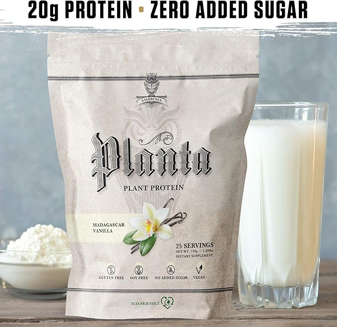 Ambrosia Planta - Premium Organic Plant-Based Protein | Vegan & Keto Friendly | Gourmet Flavors with No Bloating or Stomach Upset | Gluten & Soy Free | No Added Sugar | 25 Servings | Vanilla