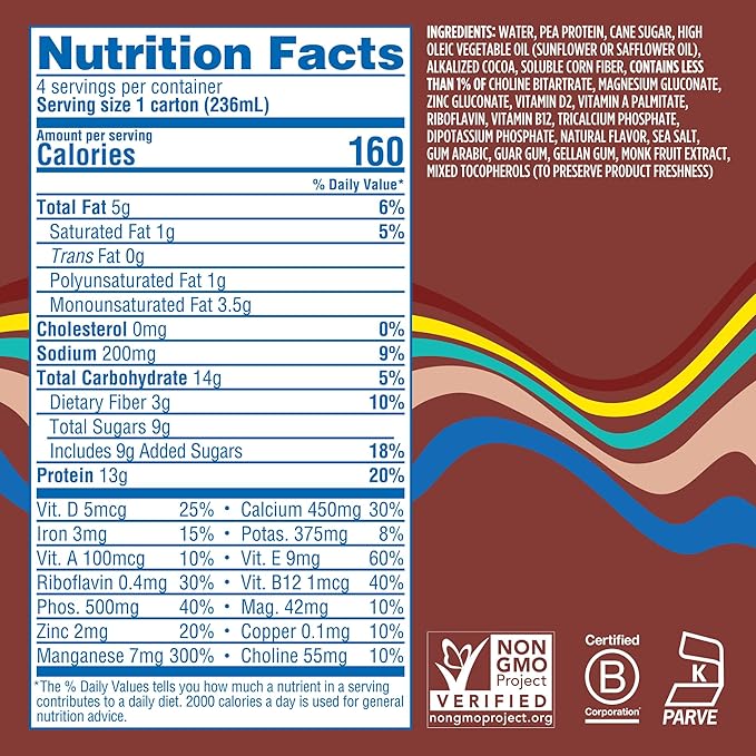 Ripple Kids Chocolate Plant Based Shake Ups | 13g of Quality Sourced Pea Protein, Calcium Rich | Shelf Stable | Vegan & Non GMO | Dairy, Soy, Nut, Gluten & Lactose Free | 8 Fl Oz Cartons (Pack of 12)