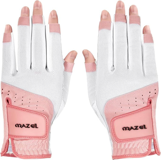 MAZEL Women's Fingerless Golf Gloves One Pair Open-Finger Design,Breathable Hot Wet Weather Sweat-Absorbing,Fit Size S M L XL
