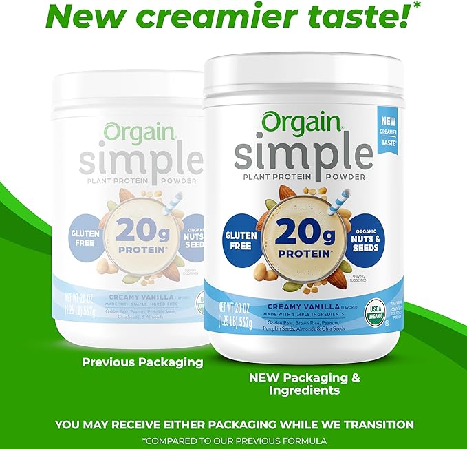 Orgain Organic Simple Vegan Protein Powder, Vanilla - 20g Plant Based Protein, Made with less Ingredients, No Artificial Sweeteners, Gluten Free, No Dairy or Lactose, 1.25 lb (Packaging May Vary)