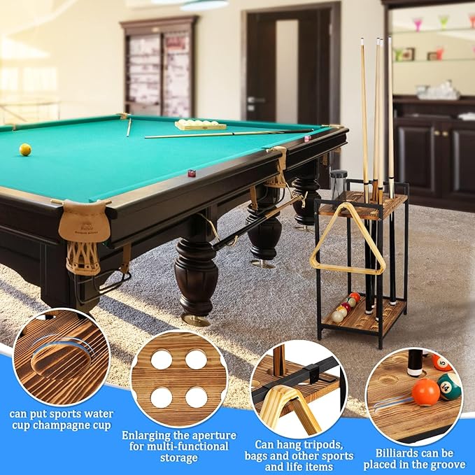 Pool Stick Holder - Freestanding Pool Cue Holder Floor Stand Wooden Cue Stick Holder 10-Hole Billiard Cue Racks for Game Room Billiard Room Decor Club Pool Table Accessories