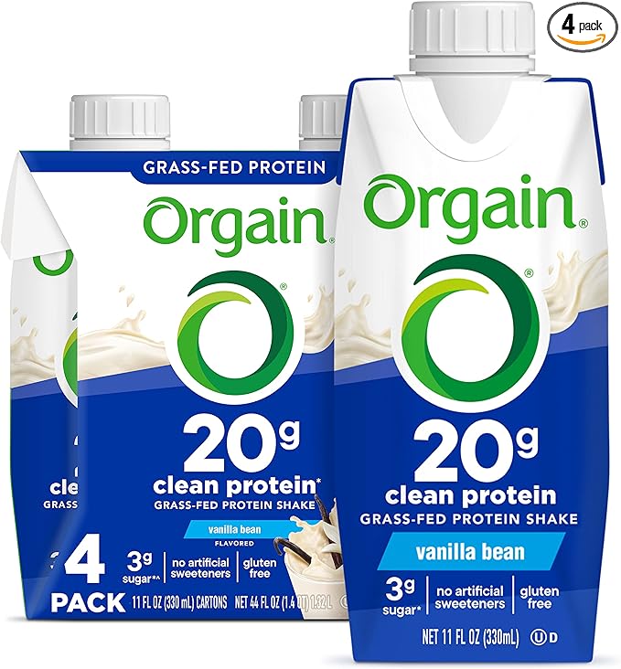Orgain Clean Protein Shake, Grass Fed Dairy, Vanilla Bean - 20g Whey High Protein, Kosher, Ready to Drink, Low Net Carbs, Gluten Free, No Soy Ingredients, 11 Fl Oz (Pack of 4)