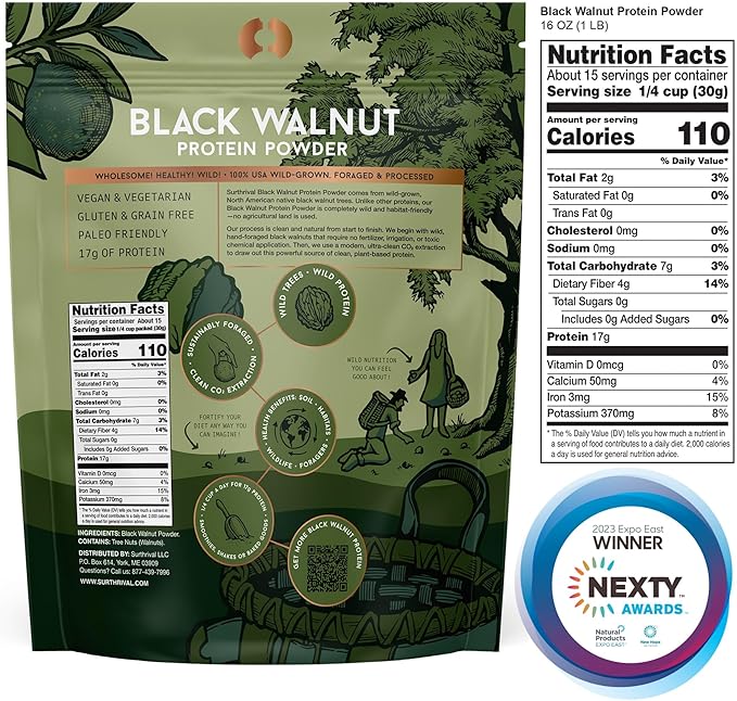 Surthrival: Black Walnut Protein Powder, Wild-Foraged, Ethically-Harvested, 17g Protein, USA Sourced, Vegan, Paleo, Gluten-Free, 1lb