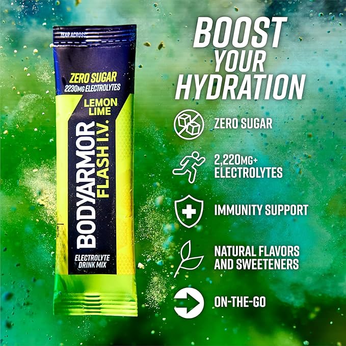 BODYARMOR Flash IV Electrolyte Packets, Lemon Lime - Zero Sugar Drink Mix, Single Serve Packs, Coconut Water Powder (6 Count)