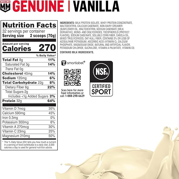 Muscle Milk Genuine Protein Powder, Vanilla Creme, 32g Protein, 4.94 Pound, 32 Servings