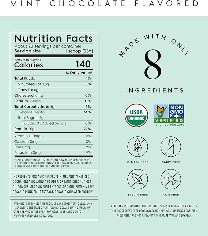 Truvani Vegan Pea Protein Powder | Mint Chocolate | 20g Organic Plant Based Protein | 20 Servings | Keto | Gluten & Dairy Free | Low Carb | No Added Sugar