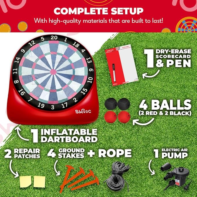 SWOOC Games - XL Giant Kick Darts (Over 8ft Tall) with 15+ Games Included - Jumbo Soccer Darts w/Air Pump - Big Inflatable Games - Carnival Games - Giant Outdoor Games & Activities - Giant Yard Games
