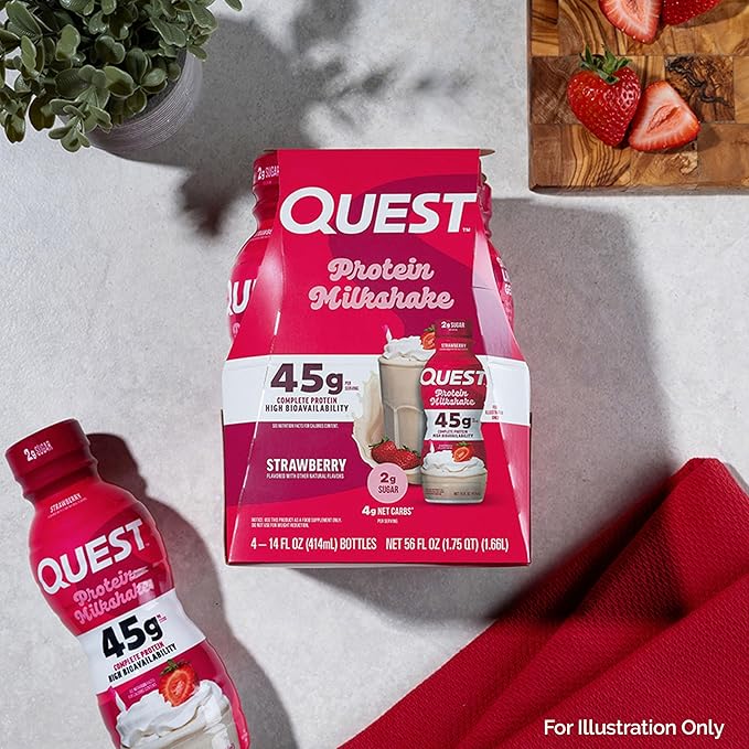 Quest Nutrition Protein Shake, Vanilla, Strawberry, & Chocolate, 45g Protein, 2g Sugar, Ready to Drink, Gluten Free, 12 Count (4 each Flavor)