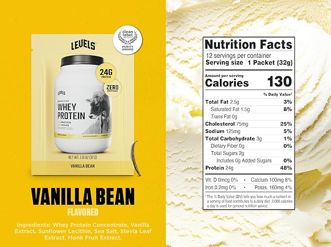 Levels Grass Fed Whey Protein Powder, No Artificials, 24G of Protein, Vanilla Bean, 12 Count