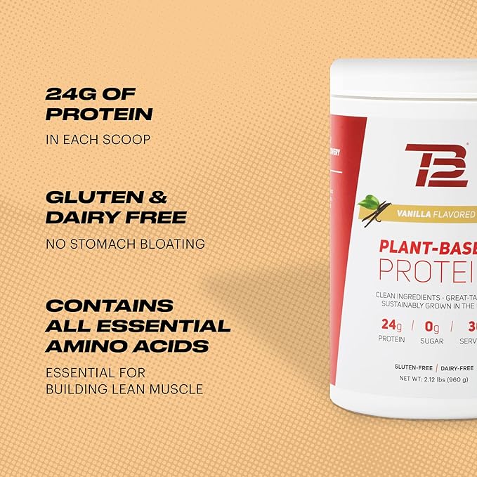 TB12 Plant Based Protein Powder by Tom Brady, 24g of Vegan Pea Protein, Low Sugar, Low Carb, Non-GMO, Meal Replacement, Keto Friendly, Paleo, Sugar Free, Vanilla Flavor (30 Servings/2.12lbs)