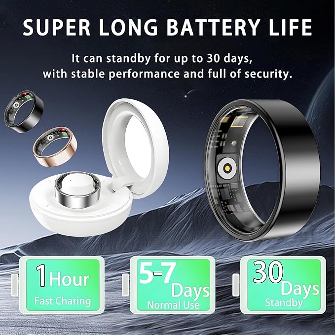 Smart Ring for Women Men, Sleep Tracker Ring, Waterproof Fitness Tracker Health Rings with Heart Rate Monitoring, Blood Oxygen, Stress Distance Calories Steps Tracking, No Subscription Fee(Black, #8)