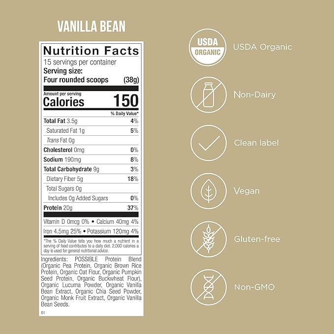 Possible Protein Powder Vanilla Bean - 20g of Vegan, Plant-Based Protein Mix - Non-GMO, Non-Dairy, Gluten-Free - 3.5g of BCAAs - 9 Essential Amino Acids - 15-Day Supply - 1 Bag, 15 Servings