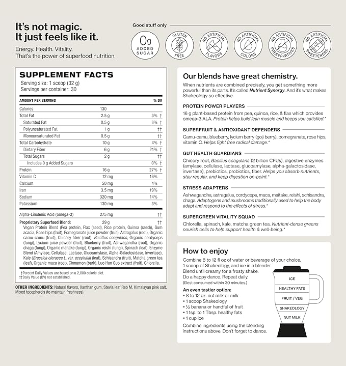 Shakeology 0g Added Sugar Plant Based Protein Powder Blend, Gluten-Free Shake with Vitamins and Minerals – Helps Support Healthy Weight Loss, Lean Muscle, Gut Health – Vanilla, 30 Servings