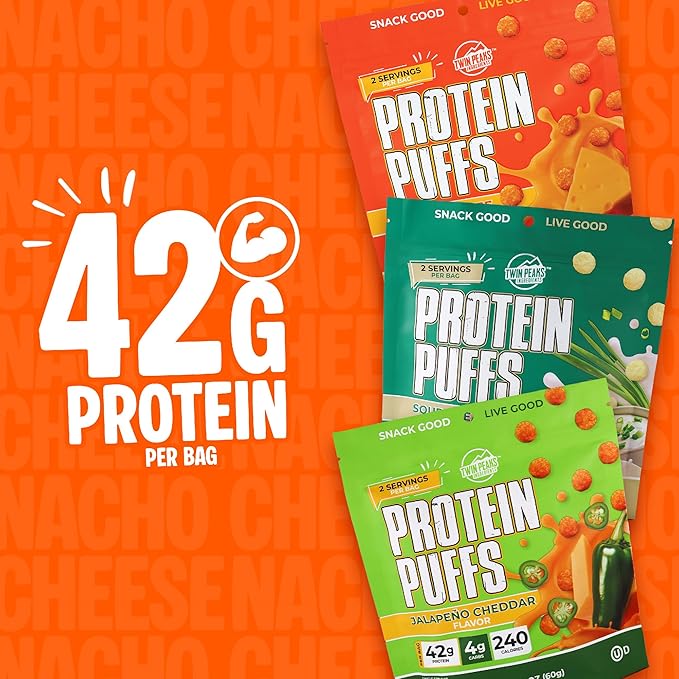 Twin Peaks Low Carb, Keto Friendly Protein Puffs, (Combo Pack, 2.1 Ounce), 2 Servings, 3 Pack (60g, 42g Protein, 4g Carbs)