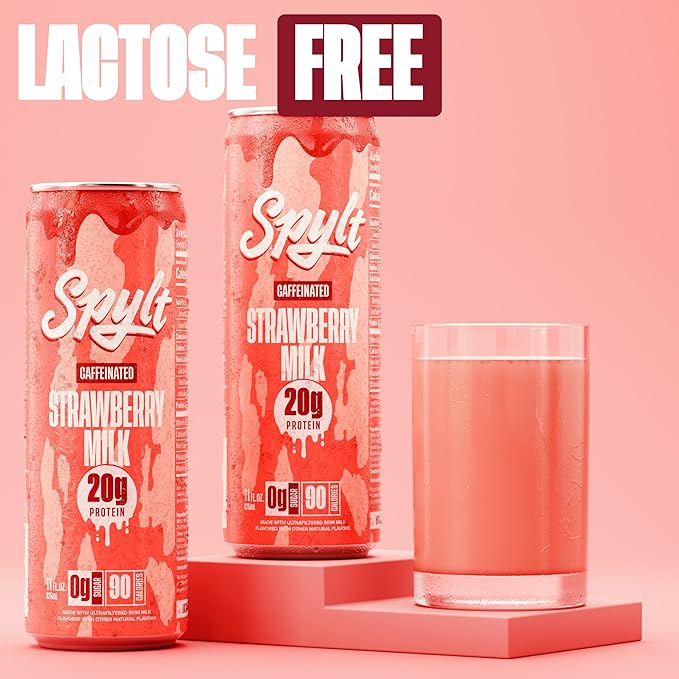 High Protein Strawberry Milk with 60mg Caffeine & 20g Protein - 90 Calories, Ready to Drink, Sugar Free, Lactose Free Milk, Perfect for Workout Recovery & Afternoon Pick Me Up - 12 Count