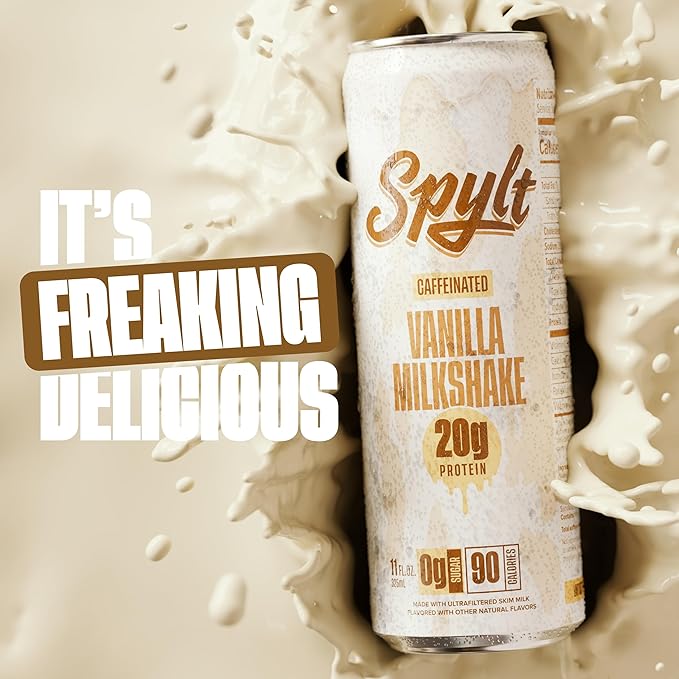 High Protein Vanilla Milkshake with 60mg Caffeine & 20g Protein - 90 Calories, Ready to Drink, Sugar Free, Lactose Free Milk, Perfect for Workout Recovery & Afternoon Pick Me Up - 12 Count