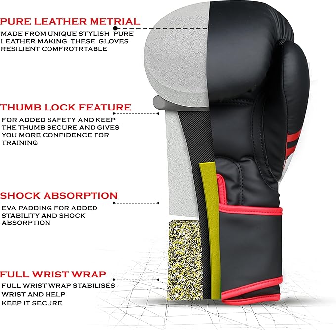 Boxing Gloves for Men & Women – Faux Leather Muay Thai, Kickboxing, MMA & Sparring Gloves – Training Heavy Bag Gloves with Secure Wrist Strap & Thumb Lock – 2 4 6 8 10 12 14 16oz