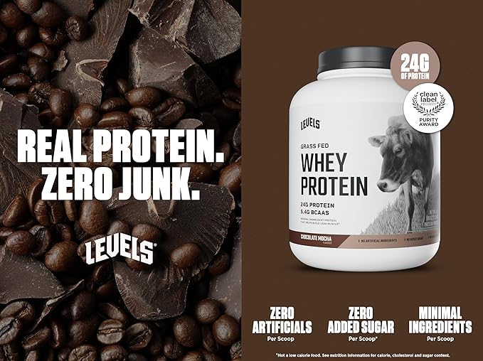 Levels Grass Fed Whey Protein Powder, No Artificials, 24G of Protein, Chocolate Mocha, 5LB