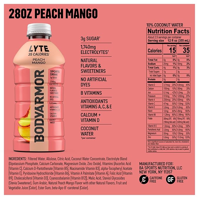 BODYARMOR LYTE Sports Drink Low-Calorie Sports Beverage, Peach Mango, Coconut Water Hydration, Potassium-Packed Electrolytes, Perfect For Athletes, 28 Fl Oz (Pack of 15)