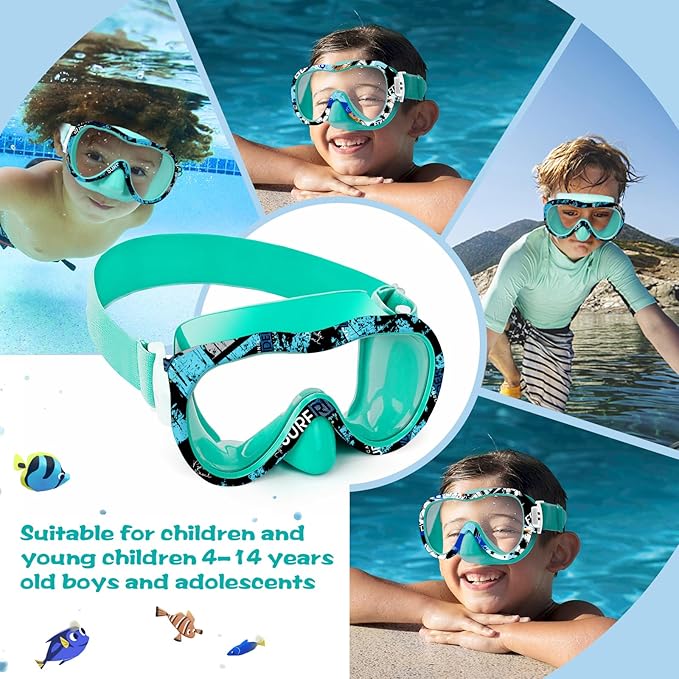 Kids Swim Goggles 180° Snorkel Diving Mask with Nose Cover, Anti-Fog Kids Swimming Goggles with Elastic Fabric Strap for Kids Boys Girls