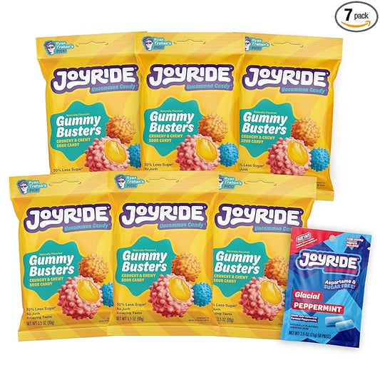 JOYRIDE Gummy Busters - 3.5 oz 6-Pack Bundle with 2.5oz Glacial Peppermint Gum, Low Sugar, Low Calorie Snacks, Dye Free Candy (7 Items)