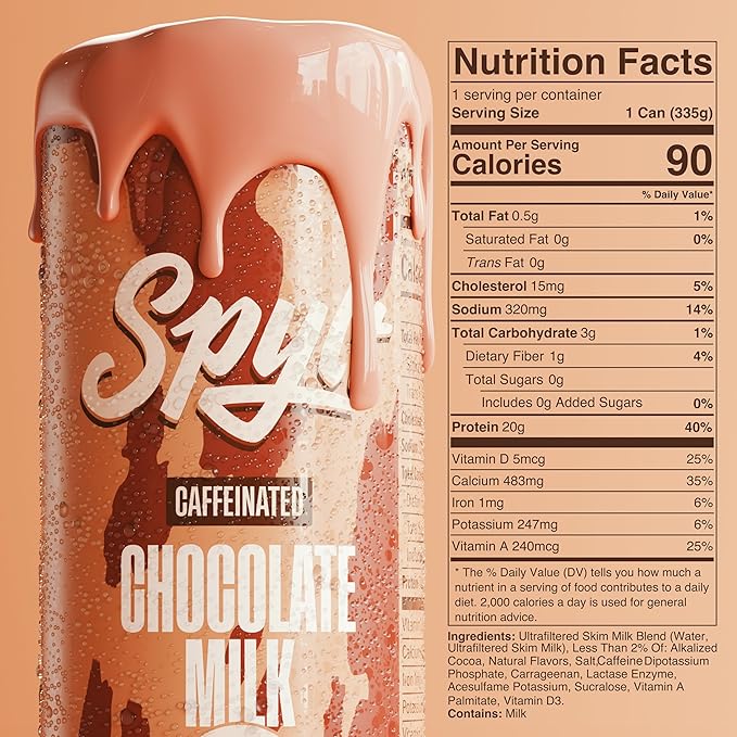 High Protein Chocolate Milk with 60mg Caffeine & 20g Protein - 90 Calories, Ready to Drink, Sugar Free, Lactose Free Milk, Perfect for Workout Recovery & Afternoon Pick Me Up - 12 Count