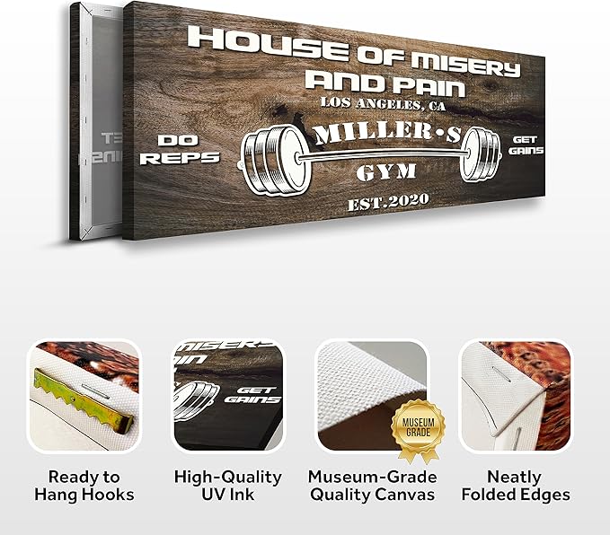 Tailored Canvases Personalized Gym Sign Wall Art Decor - Motivational Canvas for Home Gym, Workout Room, Garage, Fitness Center - Workout Inspirational Posters - House of Misery and Pain, Wooden 48x16in