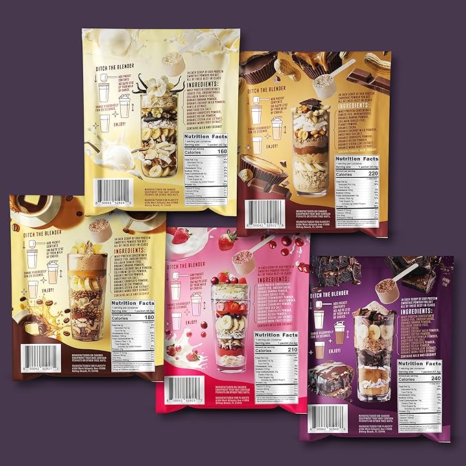 FlavCity Grass Fed Whey Protein Powder - Variety Pack - 25g Protein & 10g Collagen - 5 Single Serve Packets - Made with Organic Reishi & Cordyceps - Gluten Free & No Added Sugars