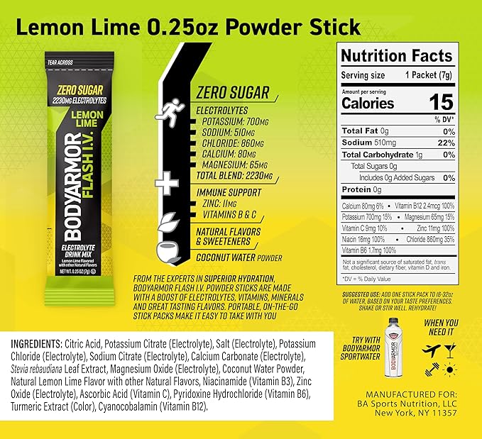 BODYARMOR Flash IV Electrolyte Packets, Lemon Lime - Zero Sugar Drink Mix, Single Serve Packs, Coconut Water Powder (6 Count)