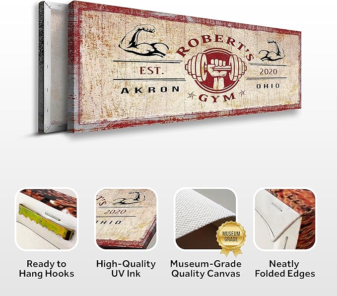 Tailored Canvases Personalized Gym Sign Wall Art Decor - Motivational Canvas for Home Gym, Workout Room, Garage, Fitness Center - Workout Inspirational Posters - One Hand Dumbbell on Rustic Red, 36x12in