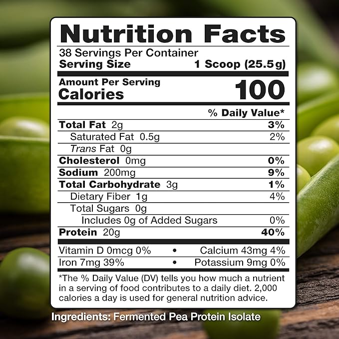 Pea Protein Powder, Unflavored and Unsweetened Sugar Free Vegan, 100% Plant Based, Non GMO, Gluten Free & Soy Free, 2.14 LB