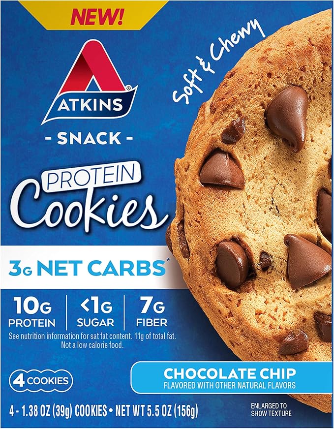 Atkins Chai Tea Latte Protein Shake with 15g Protein, 3g Net Carbs, 1g Sugar and Atkins Chocolate Chip Protein Cookie with 10g Protein, 3g Net Carbs, 1g Sugar, Keto Friendly, 4 Count