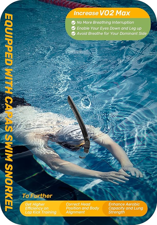 CAPAS Training Swim Snorkel for Lap Swimming, Swivel Headband Ultimate Fit Center-Mount Swimmers Snorkel with Liquid Silicone Mouthpiece Adjustable Strap, Designed for Adult Men Women