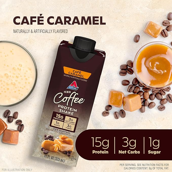 Atkins Café Caramel Iced Coffee Flavored Protein Shake, High Protein Shake, Low Glycemic, Low Carb and Low Sugar, Keto Friendly, Gluten Free, 12 Count