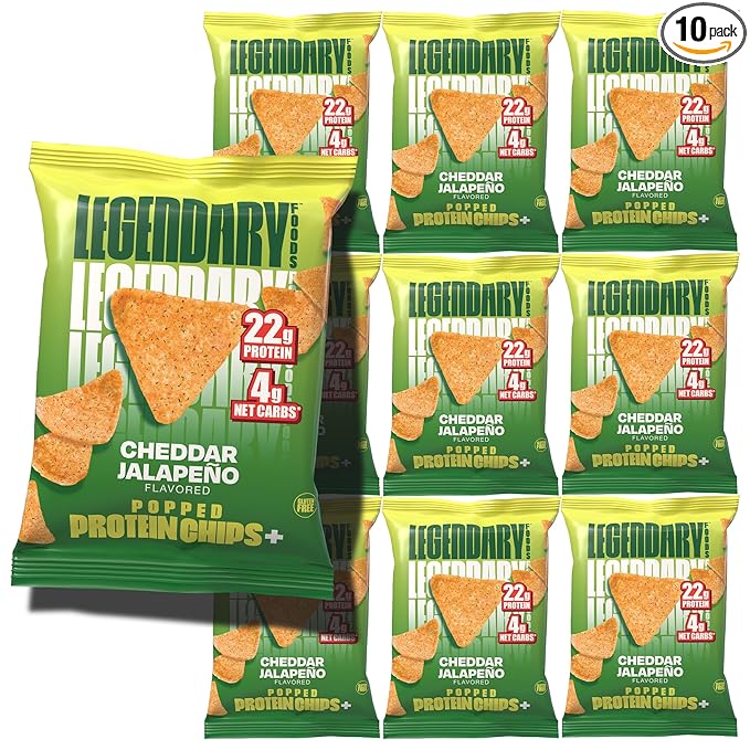 Legendary Foods Cheddar Jalapeño Protein Chips – Popped Tortilla Style – 22g High Protein, 4g Net Carbs, Low Sugar, Gluten Free, Keto Snack Packs – 10 Count – Healthy Crunchy Chips