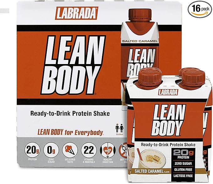 LABRADA NUTRITION - Lean Body RTD Whey Protein Shake, Convenient On-The-Go Meal Replacement Shake for Men & Women, 20 grams of Protein – Zero Sugar, Lactose & Gluten Free, Salted Caramel (Pack of 16)