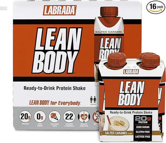 LABRADA NUTRITION - Lean Body RTD Whey Protein Shake, Convenient On-The-Go Meal Replacement Shake for Men & Women, 20 grams of Protein – Zero Sugar, Lactose & Gluten Free, Salted Caramel (Pack of 16)