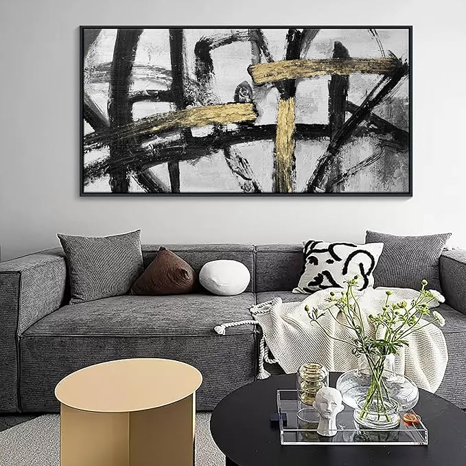 CHATYOUNG Wall Art Modern Abstract Paintings - Large Golden Thread Canvas Prints Black White and Gold Interweaving Wall Pictures Prefer for Bedroom Living Room Office Decor,Framed, 29 x 58 In