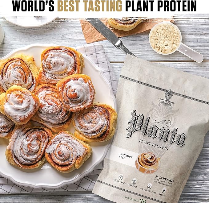 Ambrosia Planta - Premium Organic Plant-Based Protein | Vegan & Keto Friendly | Gourmet Flavors with No Bloating or Stomach Upset | Gluten & Soy Free | No Added Sugar | 25 Servings | Cinnamon Roll