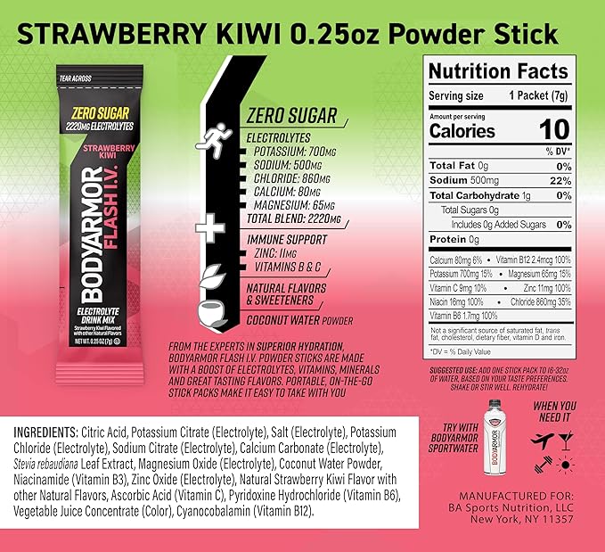 BODYARMOR Flash IV Electrolyte Packets, Strawberry Kiwi - Zero Sugar Drink Mix, Single Serve Packs, Coconut Water Powder (6 Count)