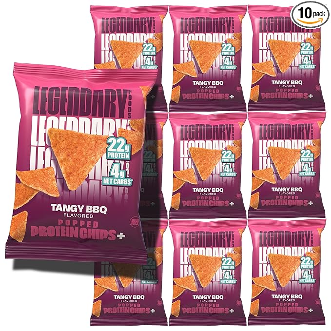 Legendary Foods Tangy BBQ Protein Chips – Popped Tortilla Style – 22g High Protein, 4g Net Carbs, Low Sugar, Gluten Free, Keto Snack Packs – 10 Count – Healthy Crunchy Chips