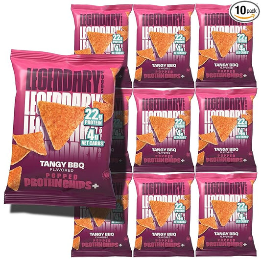 Legendary Foods Tangy BBQ Protein Chips – Popped Tortilla Style – 22g High Protein, 4g Net Carbs, Low Sugar, Gluten Free, Keto Snack Packs – 10 Count – Healthy Crunchy Chips