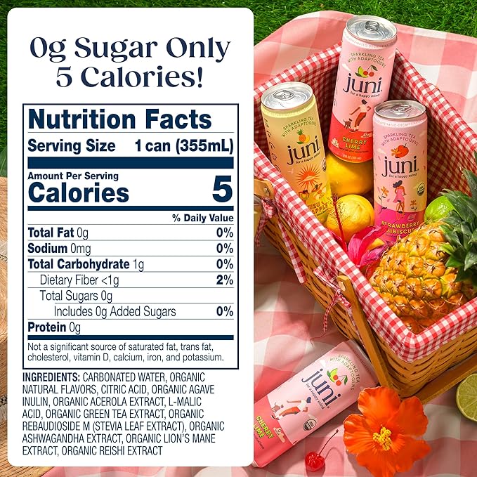 Juni Sparkling Adaptogen Drink with Ashwagandha, Lion’s Mane & Reishi Mushrooms | Green Tea for Focus, Zero Sugar, 5 Calories | Decaffeinated, Non Alcoholic Drinks - Strawberry Hibiscus 12 pack