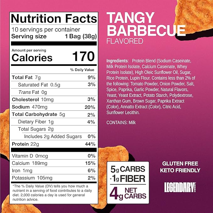 Legendary Foods Tangy BBQ Protein Chips – Popped Tortilla Style – 22g High Protein, 4g Net Carbs, Low Sugar, Gluten Free, Keto Snack Packs – 10 Count – Healthy Crunchy Chips