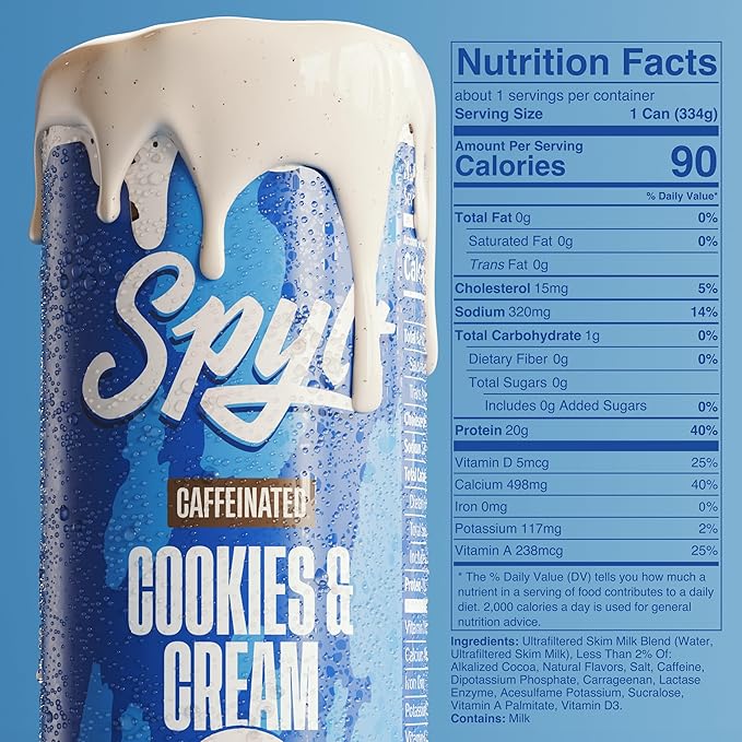 Spylt High Protein Cookies & Cream Milk with 60mg Caffeine & 20g Protein - 90 Calories, Ready to Drink, Sugar Free, Lactose Free Milk, Perfect for Workout Recovery & Afternoon Pick Me Up - 12 Count
