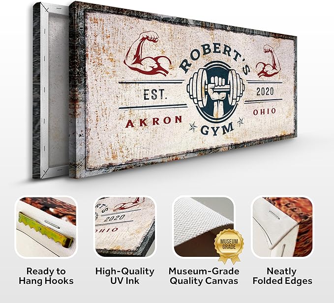 Tailored Canvases Personalized Gym Sign Wall Art Decor - Motivational Canvas for Home Gym, Workout Room, Garage, Fitness Center - Workout Inspirational Posters - One Hand with Dumbbell on Rustic, 48x24in