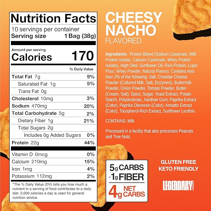 Legendary Foods Cheesy Nacho Protein Chips – Popped Tortilla Style – 22g High Protein, 4g Net Carbs, Low Sugar, Gluten Free, Keto Snack Packs – 10 Count – Healthy Crunchy Chips