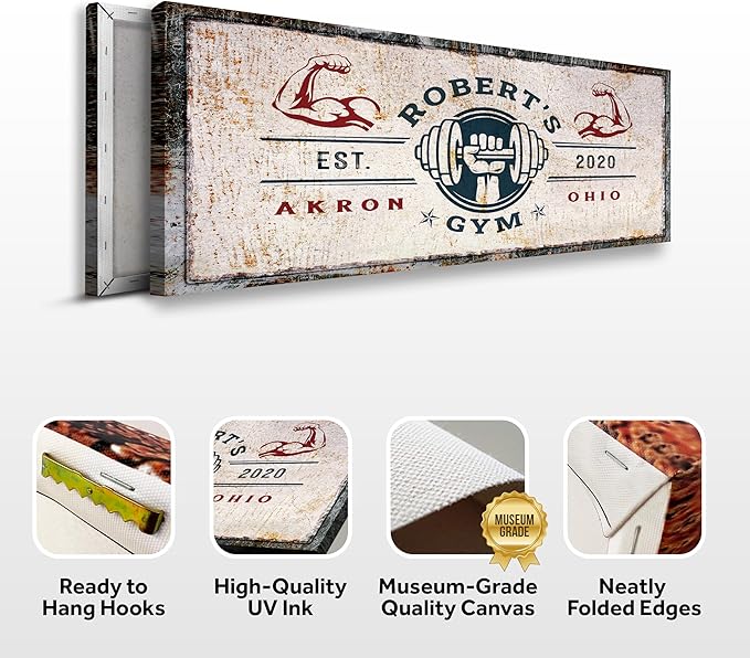 Tailored Canvases Personalized Gym Sign Wall Art Decor - Motivational Canvas for Home Gym, Workout Room, Garage, Fitness Center - Workout Inspirational Posters - One Hand with Dumbbell on Rustic,